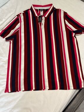 Express Striped Polo Shirt in Pink, Red, Navy & White w/ shorts